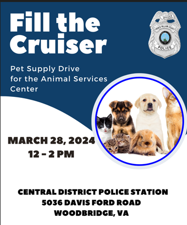 Flier about Fill the Cruiser pet supply drive event on March 28, 2024